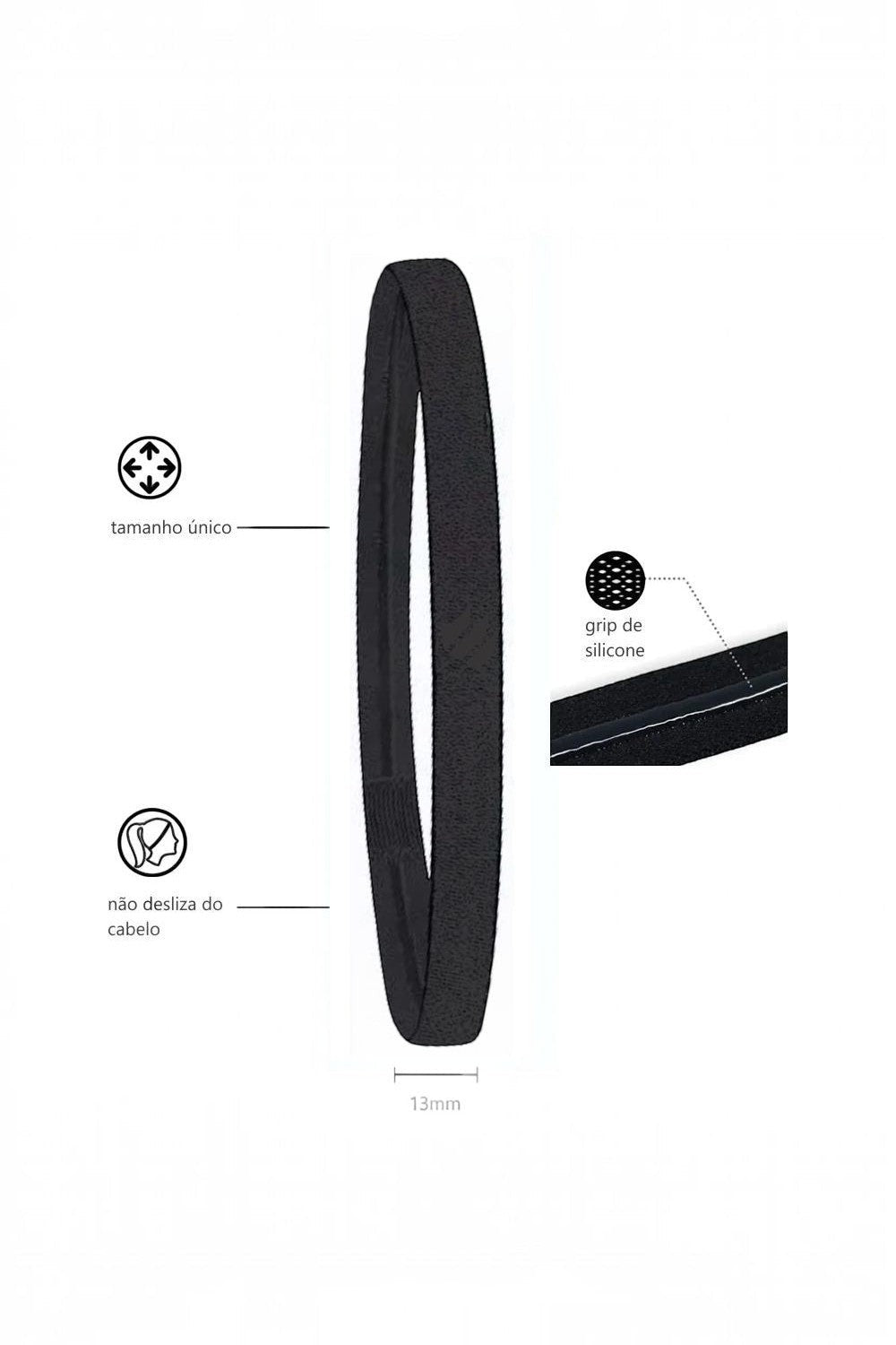 Faixa de cabelo esportiva fina preta SPORTBR com silicone antiderrapante interno para maior aderência durante treinos.