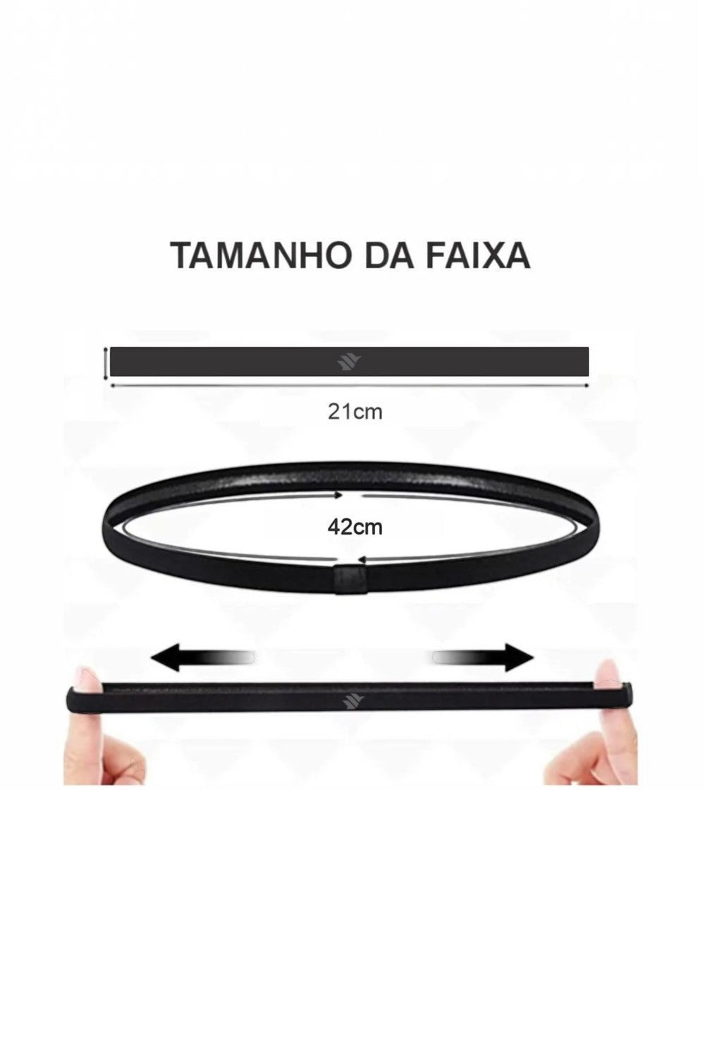 Diagrama de medidas da faixa de cabelo esportiva preta SPORTBR, mostrando 21cm de comprimento e 42cm de circunferência.