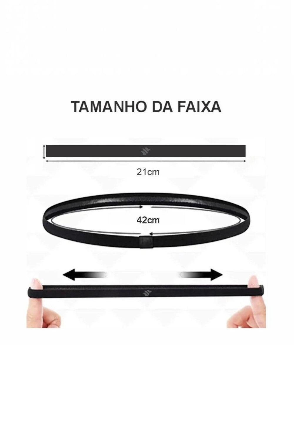Diagrama de medidas da faixa de cabelo esportiva SPORTBR, mostrando 21cm de comprimento e 42cm de circunferência.