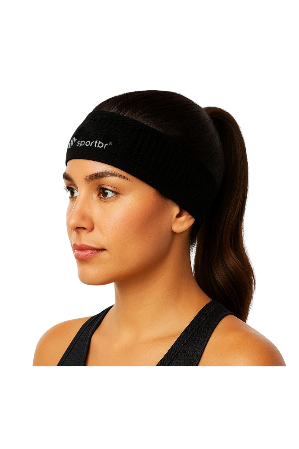 Atleta usando faixa de cabelo preta SPORTBR de alta performance para esportes, com tecido respirável e sem costura.