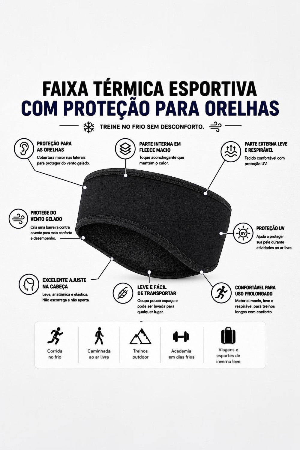 Faixa de cabelo esportiva térmica preta SPORTBR com fleece interno, proteção para orelhas e detalhes técnicos.
