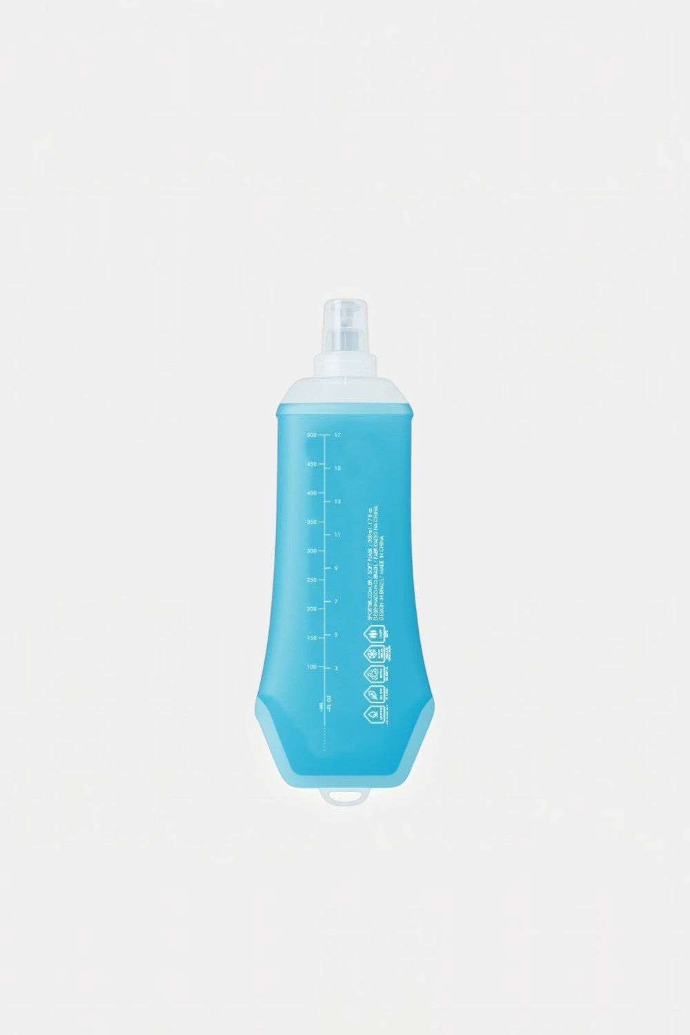Garrafa dobrável Soft Flask SPORTBR de 500ml em TPU azul, ideal para corrida com válvula de mordida antivazamento.