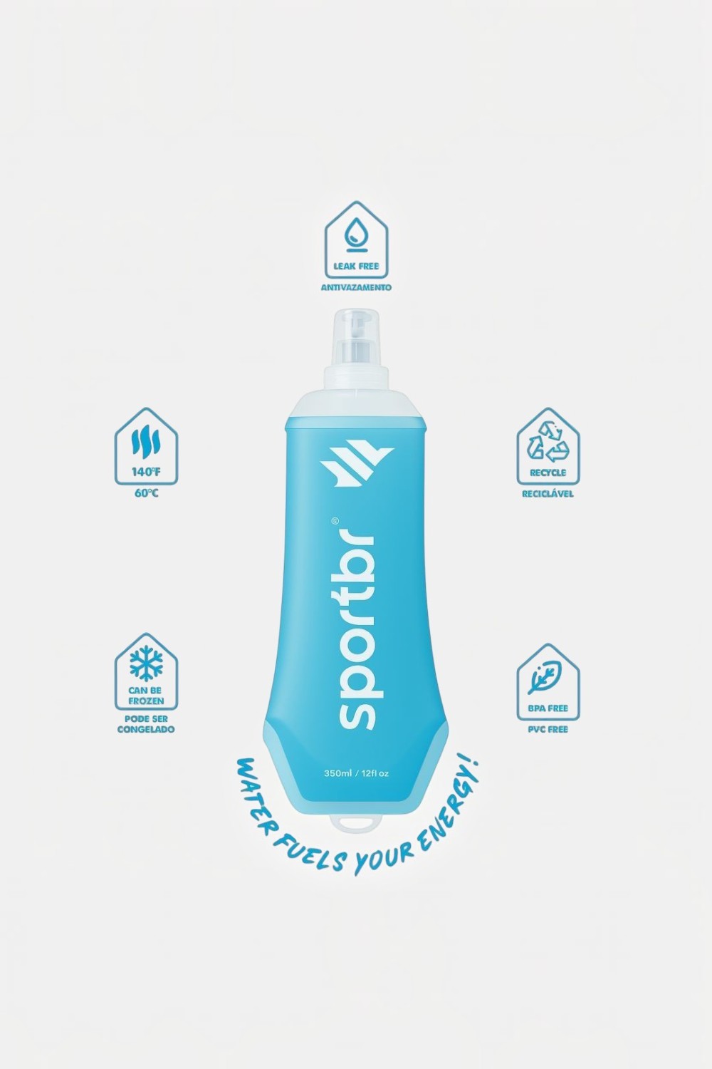 Garrafa dobrável azul SPORTBR de 500ml em TPU flexível com ícones de características técnicas e antivazamento