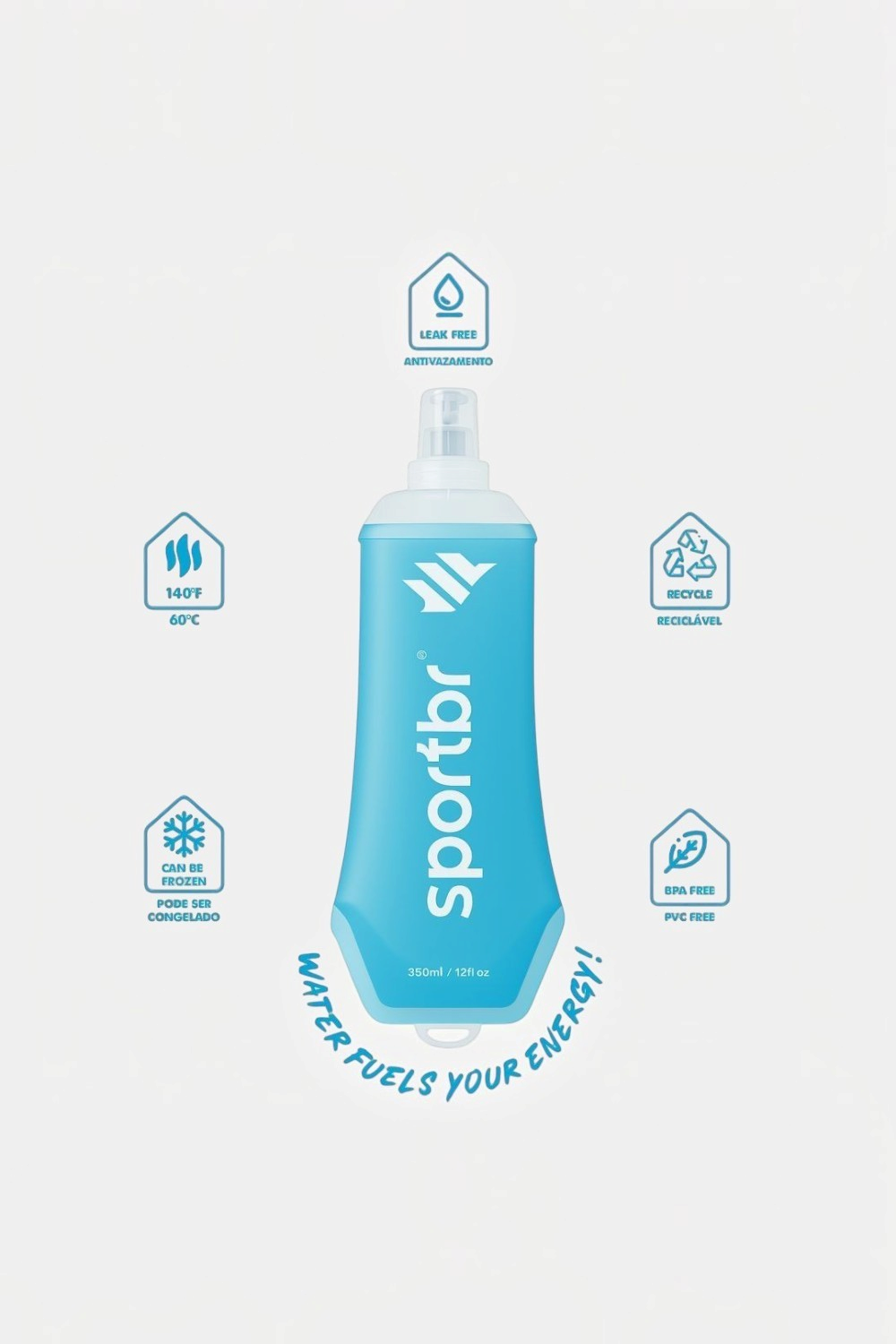 Garrafa dobrável azul SPORTBR de 500ml em TPU flexível com ícones de características técnicas e antivazamento