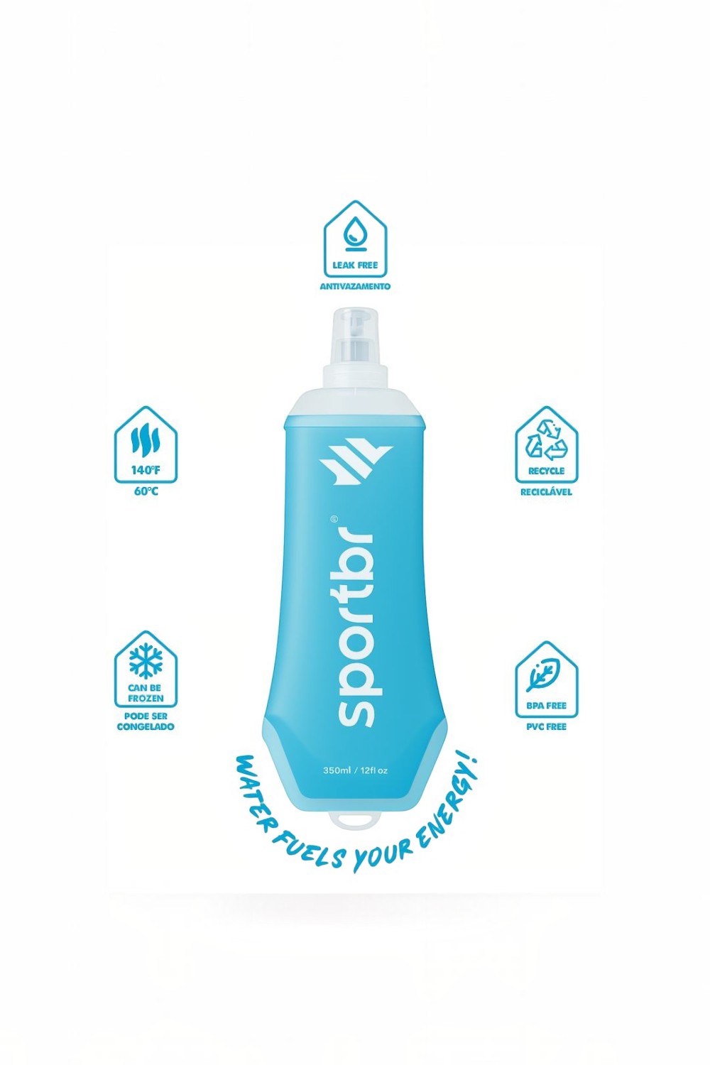 Garrafa dobrável SPORTBR de 500ml azul em TPU, com canudo, ideal para coletes de hidratação e corrida de longa distância