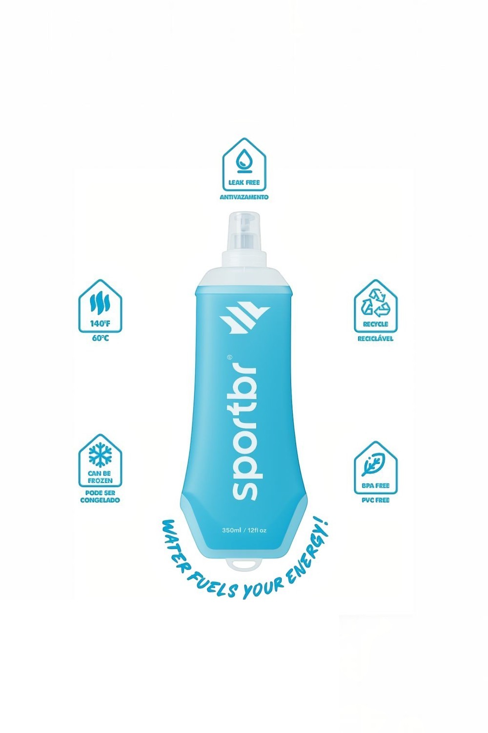 Garrafa soft flask azul SPORTBR de 350ml com ícones de características técnicas, material flexível e antivazamento.