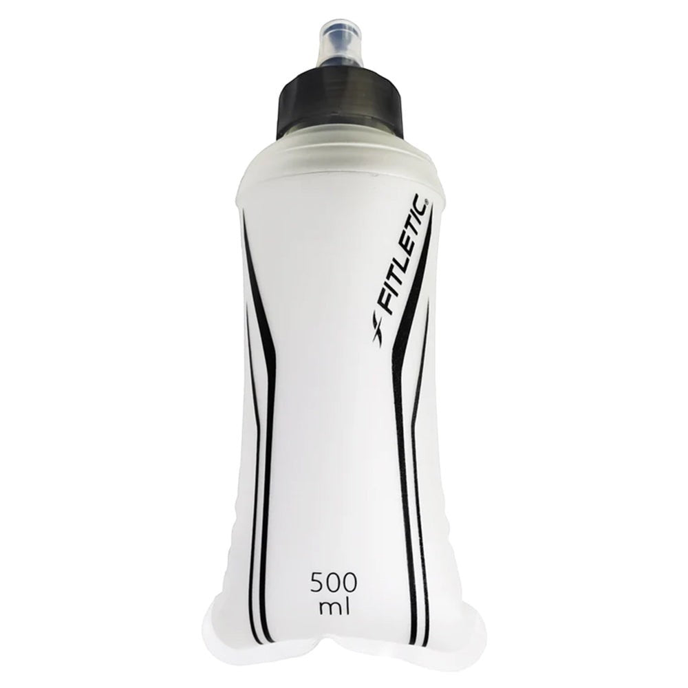 Garrafa Squeeze Soft Flask Fitletic transparente de TPU com bico de mordida e capacidade de 500 ml.