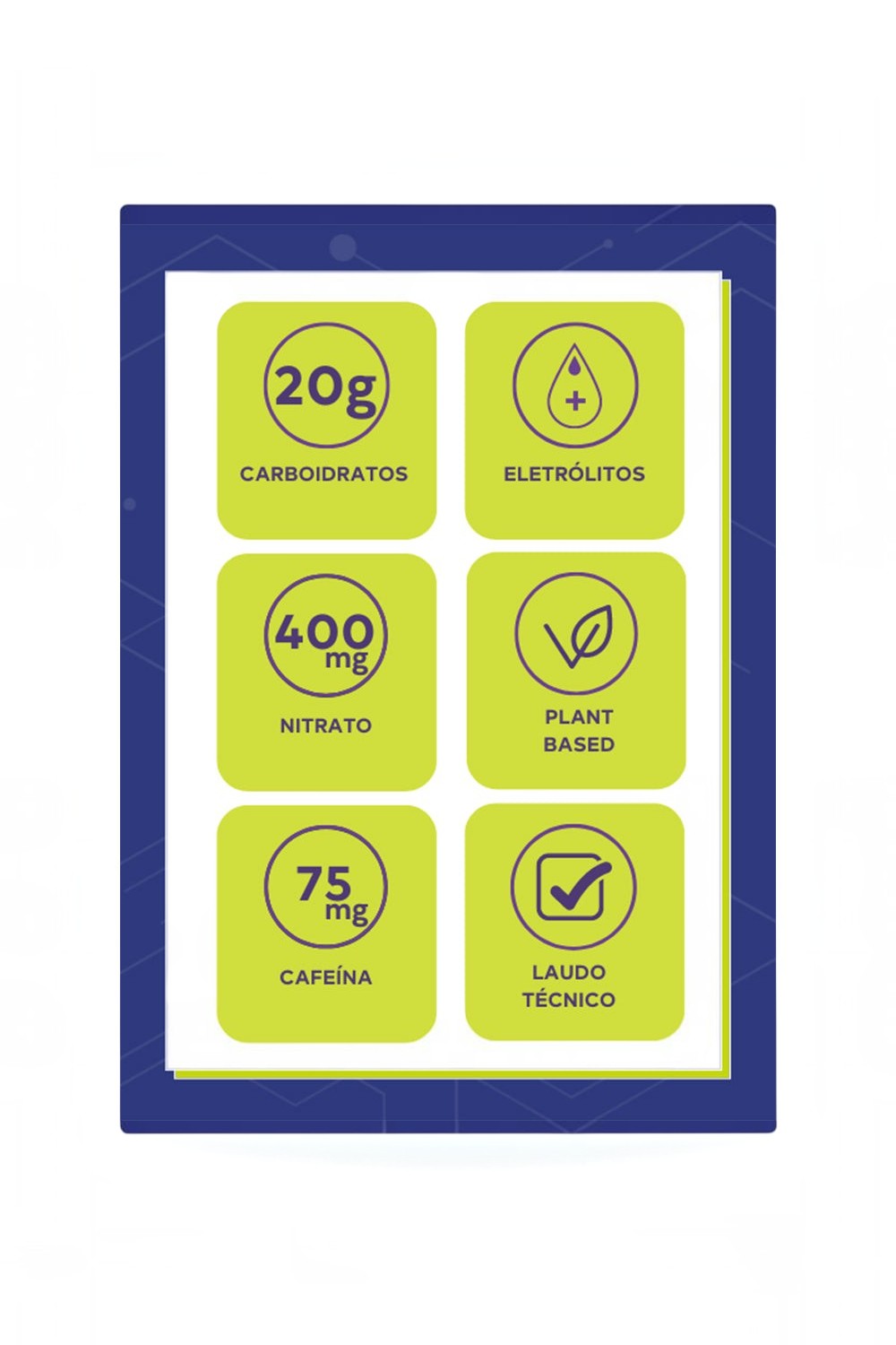 Infográfico SPORTBR destacando os benefícios do gel BT 400: 20g de carboidratos, 400mg de nitrato, 75mg de cafeína e eletrólitos.