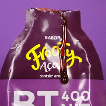 Embalagem roxa do Gel de Carboidrato BT 400 Frooty Sabor Açaí com gota de gel escorrendo. SPORTBR