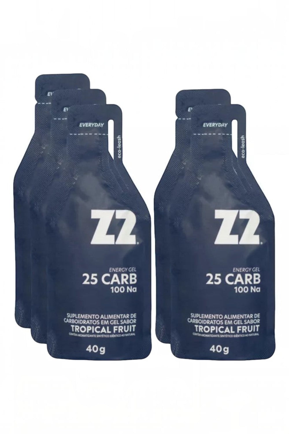 Caixa de SPORTBR com sachês de gel de carboidrato Z2 sabor Tropical Fruit para performance esportiva