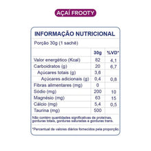 SPORTBR Caixa 10 Sachês Gel de Nitrato BT 400 30g Sabor Açaí Frooty para Performance. Tabela nutricional com informações de valor energético, carboidratos, açúcares, fibras, sódio, magnésio, cálcio e taurina.