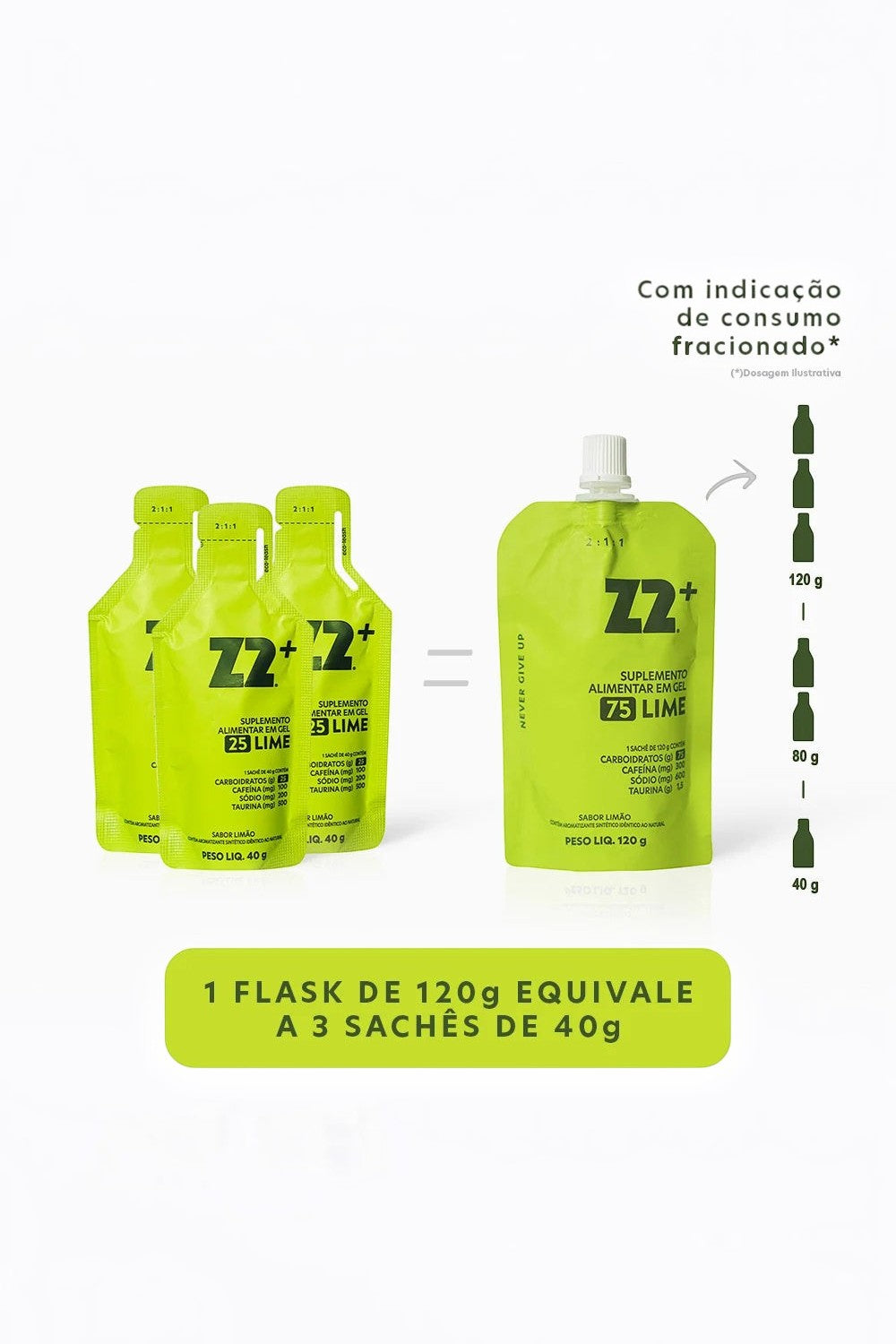 Sachê de gel de carboidrato SPORTBR Z2+ Lime 120g com bico dosador para consumo fracionado e energia rápida.