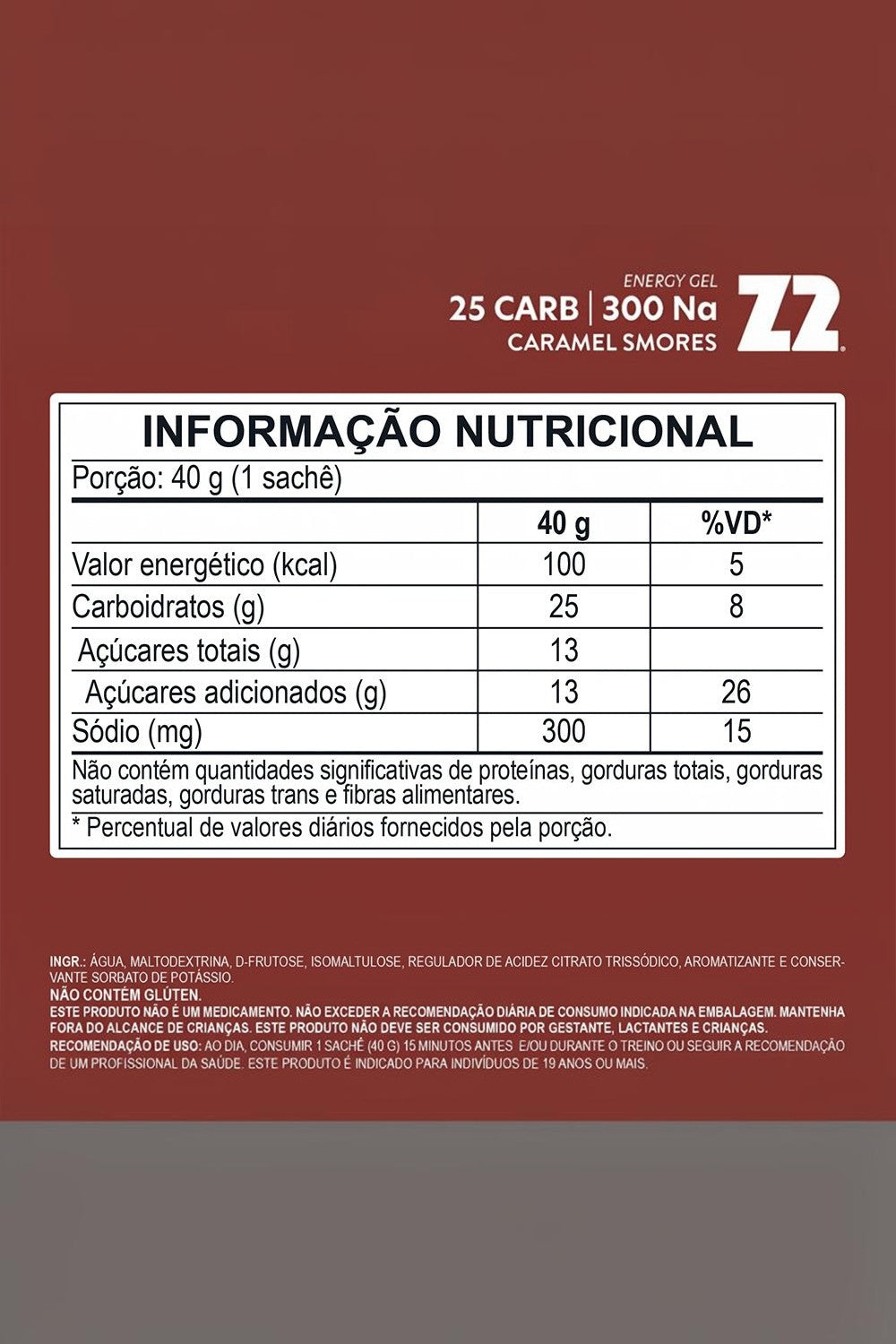 Tabela nutricional do gel de carboidrato SPORTBR Z2 sabor Caramel Smores com 25g de carboidratos e 300mg de sódio