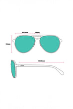 Diagrama técnico das medidas dos óculos de sol SPORTBR Goodr Frequent SkyMall Shoppers com vistas frontal e lateral