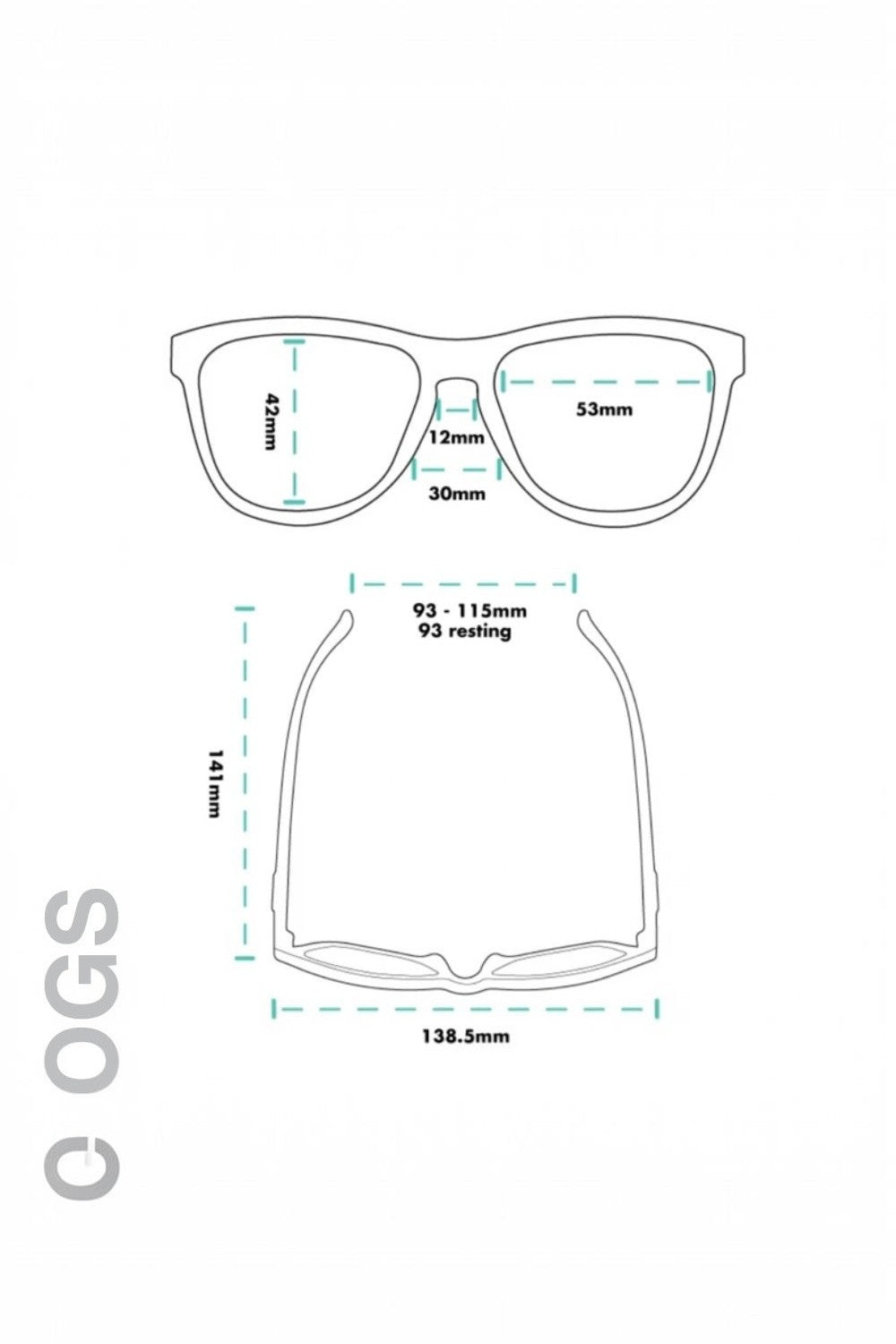 Diagrama técnico com medidas detalhadas do óculos de sol SPORTBR Goodr modelo OG para corrida
