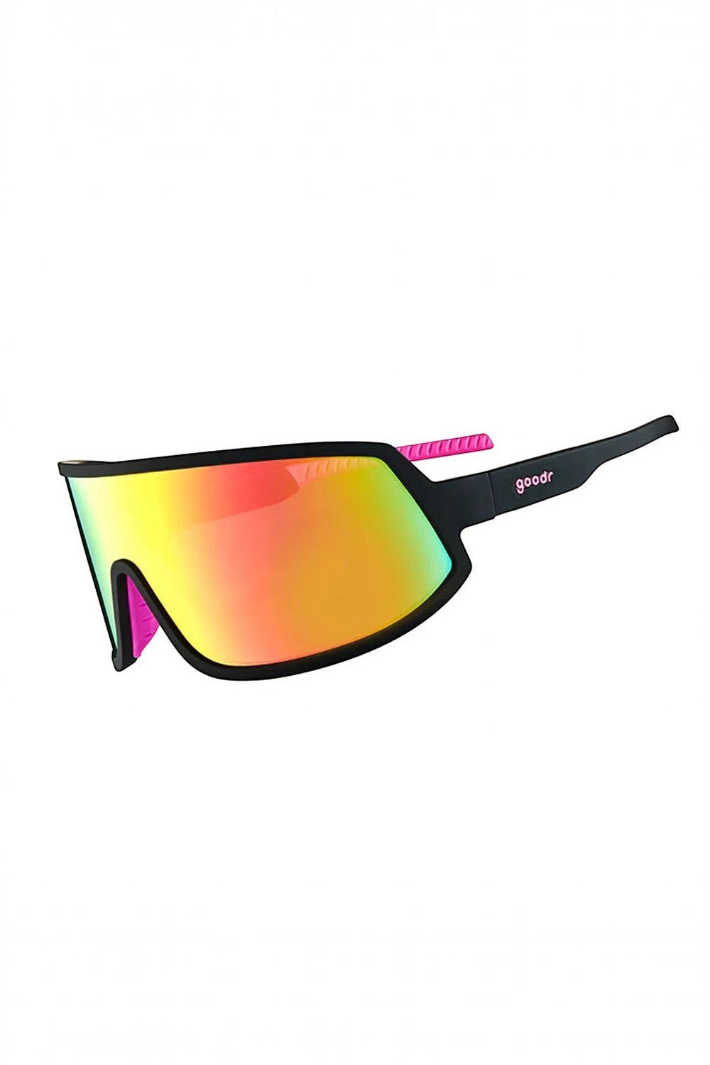 Óculos de sol SPORTBR Goodr I Do My Own Stunts com armação preta, lentes espelhadas rosas e design esportivo.
