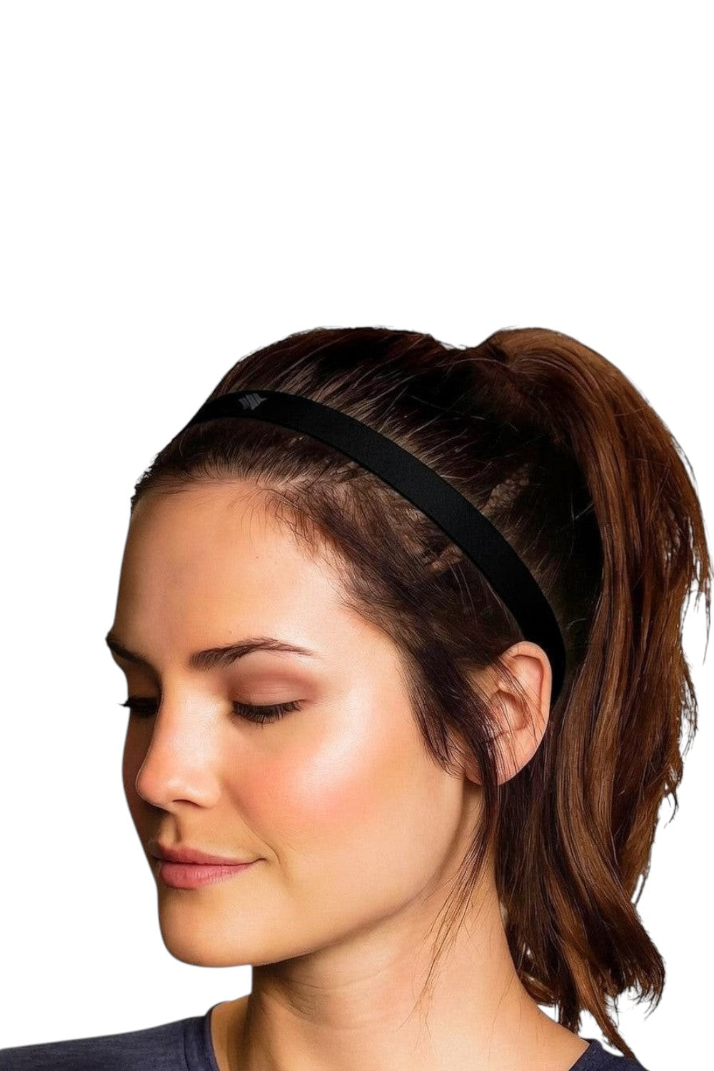 Mulher usando headband preta ajustável da SPORTBR com silicone interno para fixação durante treinos e corrida.