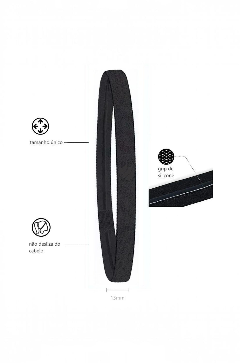 Headband preta SPORTBR com ajuste regulável e detalhe interno em silicone antideslizante para treinos e corrida.