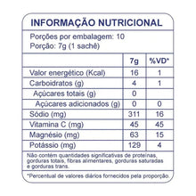 Tabela nutricional do sachê HIDRA Eletrólitos em Pó Dobro 7g - Limão da SPORTBR, com informações sobre calorias, carboidratos, sódio, vitamina C, magnésio e potássio.