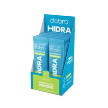 Caixa com 10 sachês de eletrólitos em pó sabor limão da HIDRA Dobro, zero açúcares.