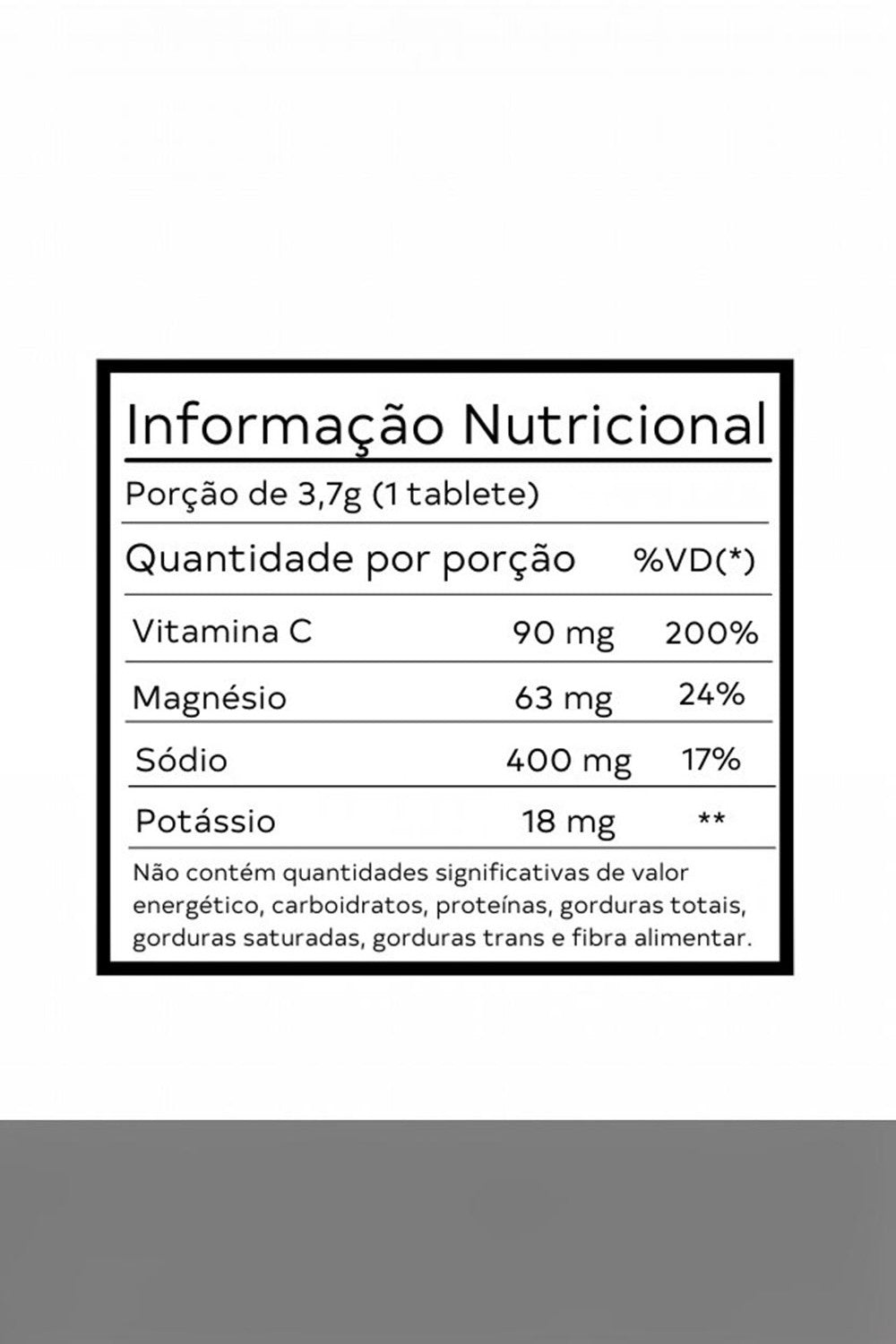 Tabela nutricional do repositor eletrolítico Hidra Iso SPORTBR, detalhando vitamina C, magnésio, sódio e potássio.