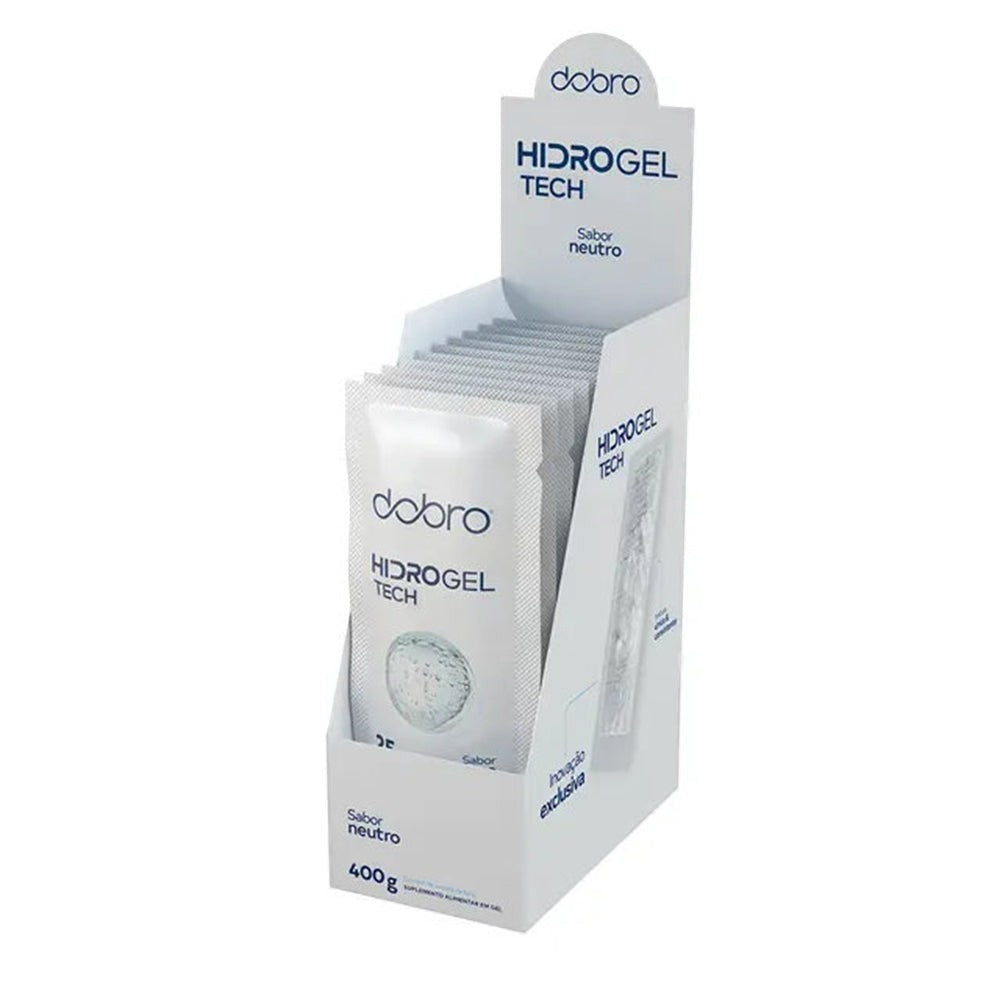 Caixa com 10 sachês de Hidro Gel Tech Dobro 45g sabor neutro da SPORTBR, para energia rápida e hidratação.