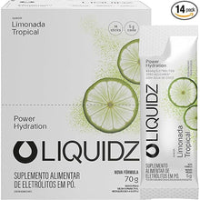 Caixa com 14 sachês de LIQUIDZ Eletrólitos em Pó Sabor Limonada Tropical da SPORTBR, para hidratação e performance.