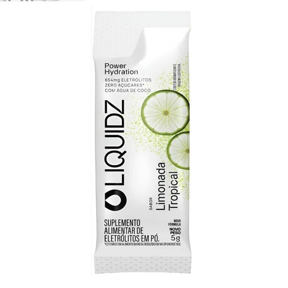 Caixa com 14 sachês de LIQUIDZ sabor Limonada Tropical, suplemento alimentar de eletrólitos em pó com 5g.
