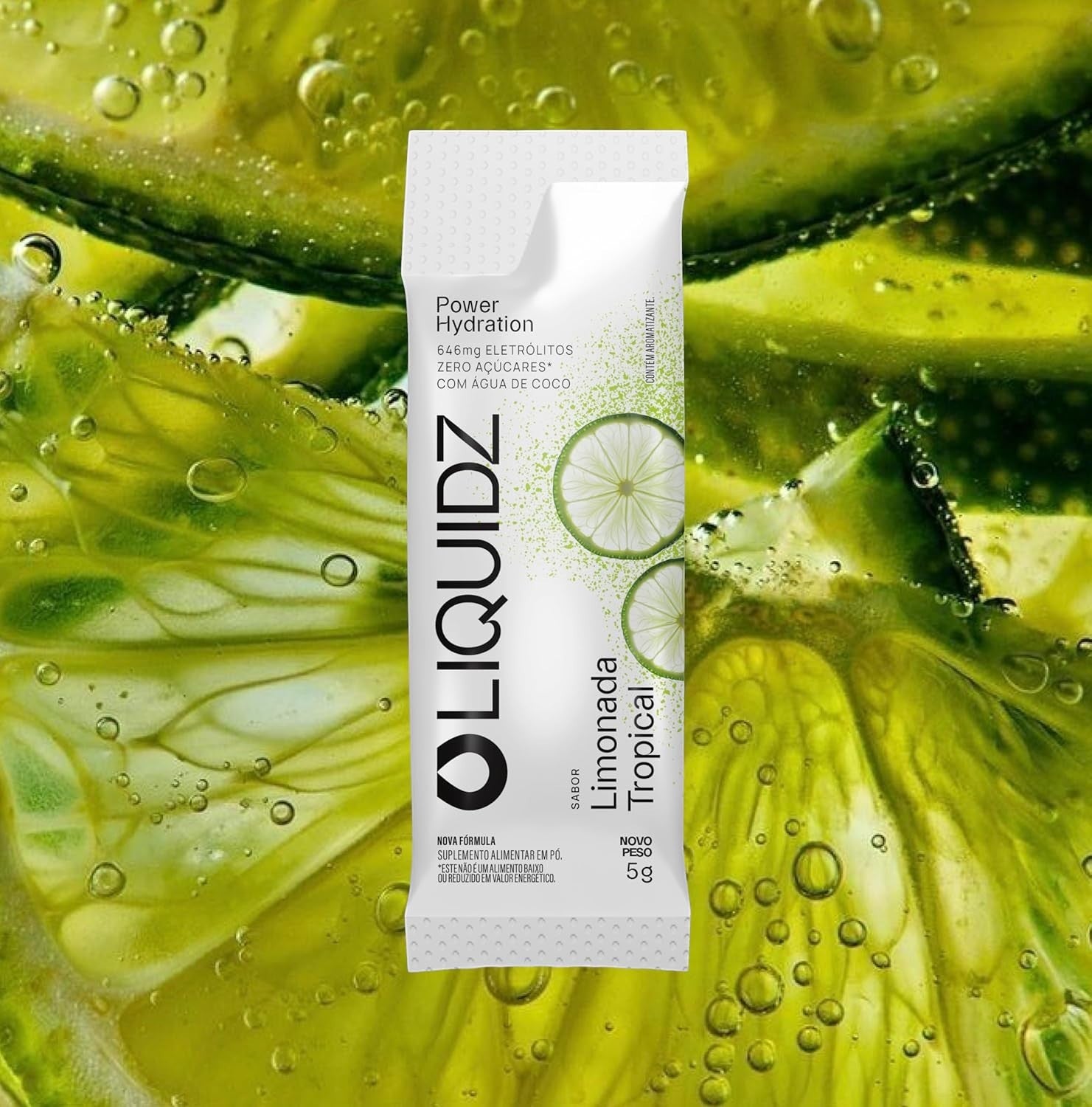 Caixa com 14 sachês de LIQUIDZ Eletrólitos em Pó Sabor Limonada Tropical, com 5g cada. Ideal para hidratação e performance.