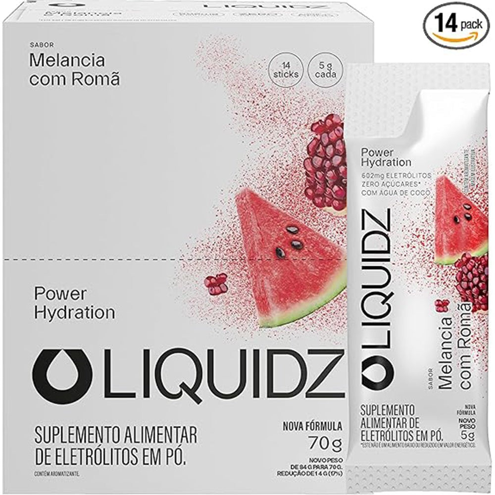 SPORTBR Caixa com 14 sachês de eletrólitos em pó LIQUIDZ sabor Melancia com Romã, para hidratação e performance.