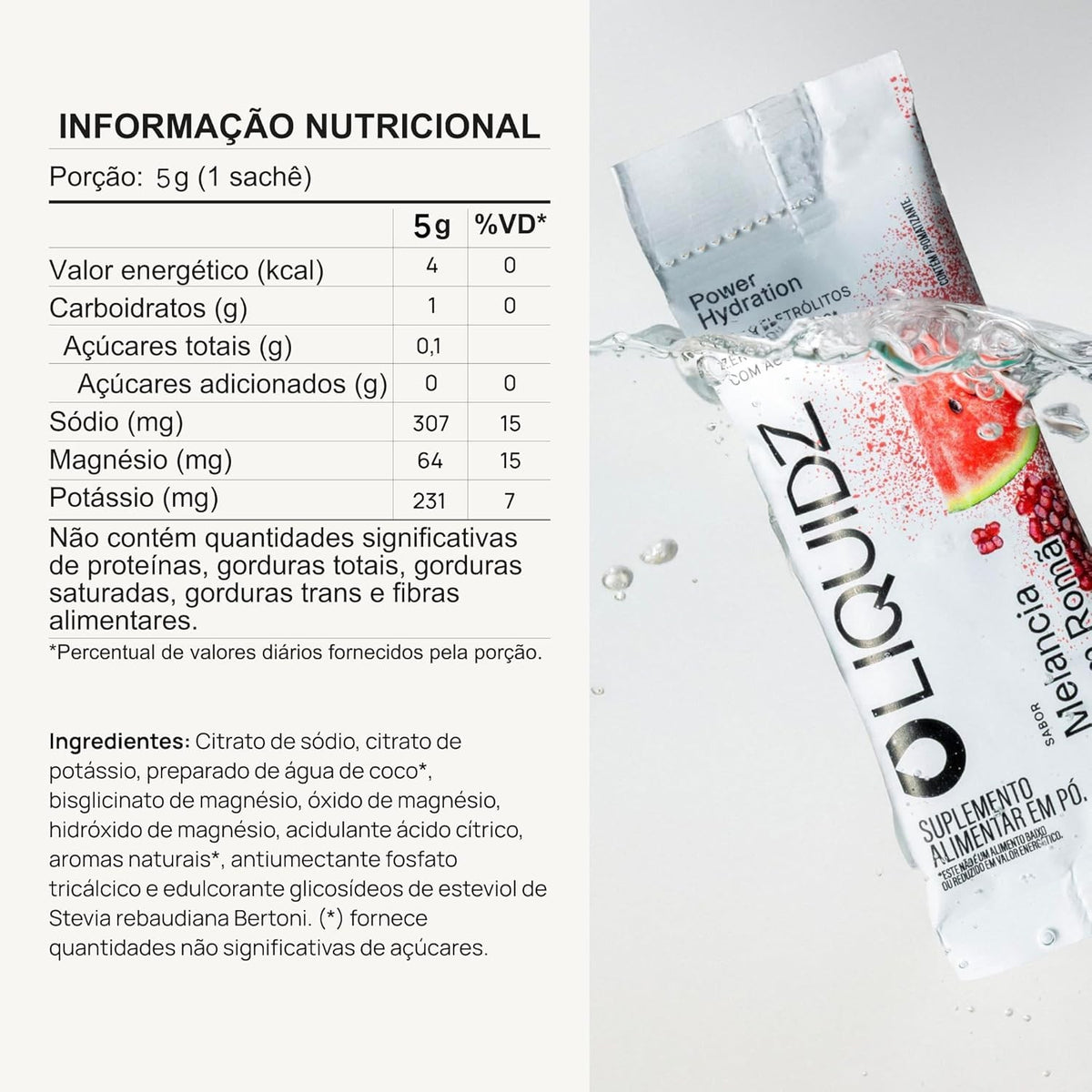 Sachê de eletrólitos em pó LIQUIDZ sabor melancia com romã, da SPORTBR, para hidratação e performance.
