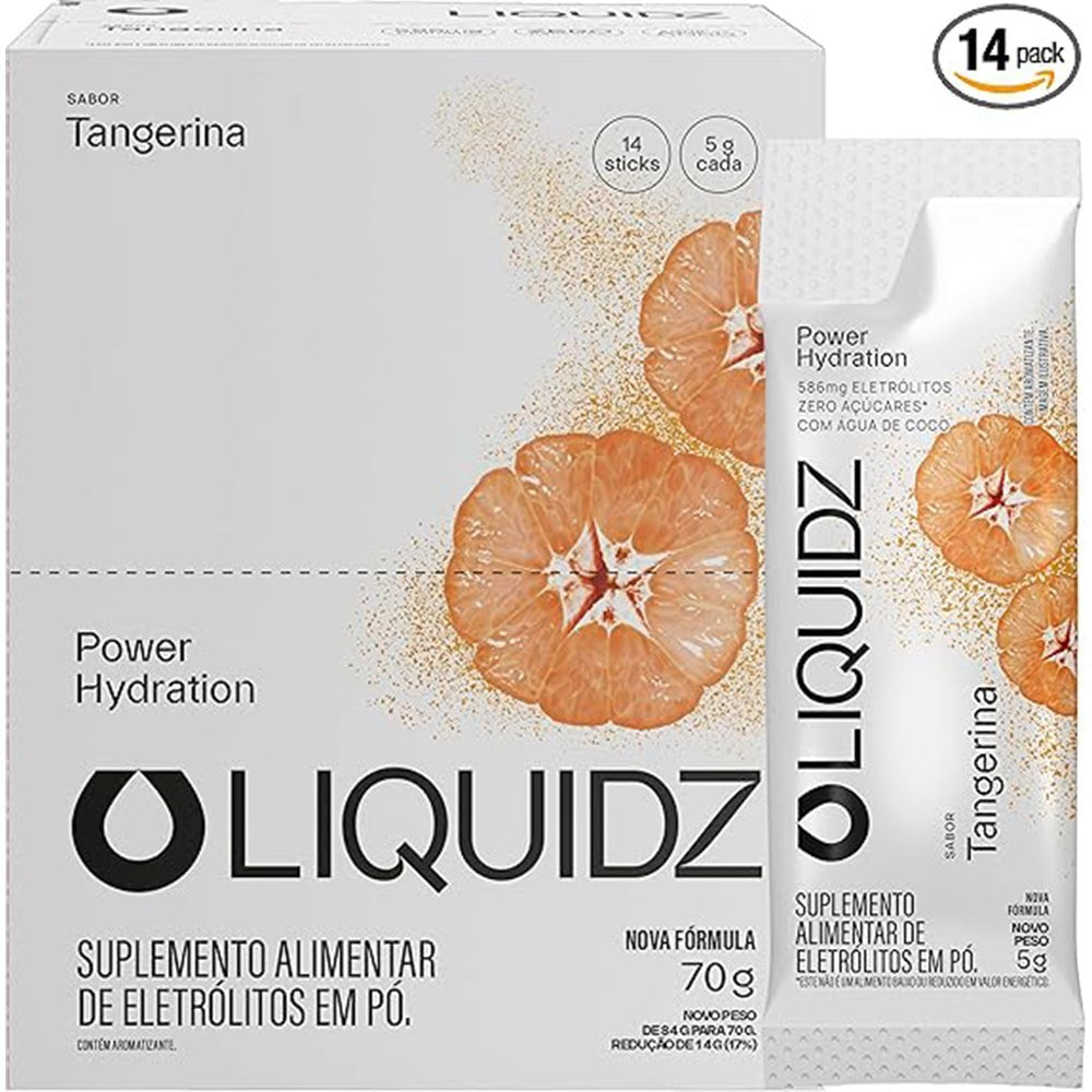 Caixa com 14 sachês de LIQUIDZ Eletrólitos em Pó sabor Tangerina, suplemento para hidratação e performance.