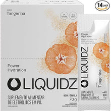 Caixa com 14 sachês de LIQUIDZ Eletrólitos em Pó sabor Tangerina, suplemento para hidratação e performance.