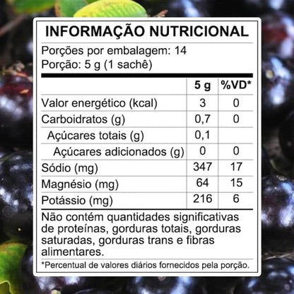 SPORTBR Sachê LIQUIDZ Eletrólitos em Pó 5g Sabor Jabuticaba: Tabela nutricional com valores de energia, carboidratos, sódio, magnésio e potássio.