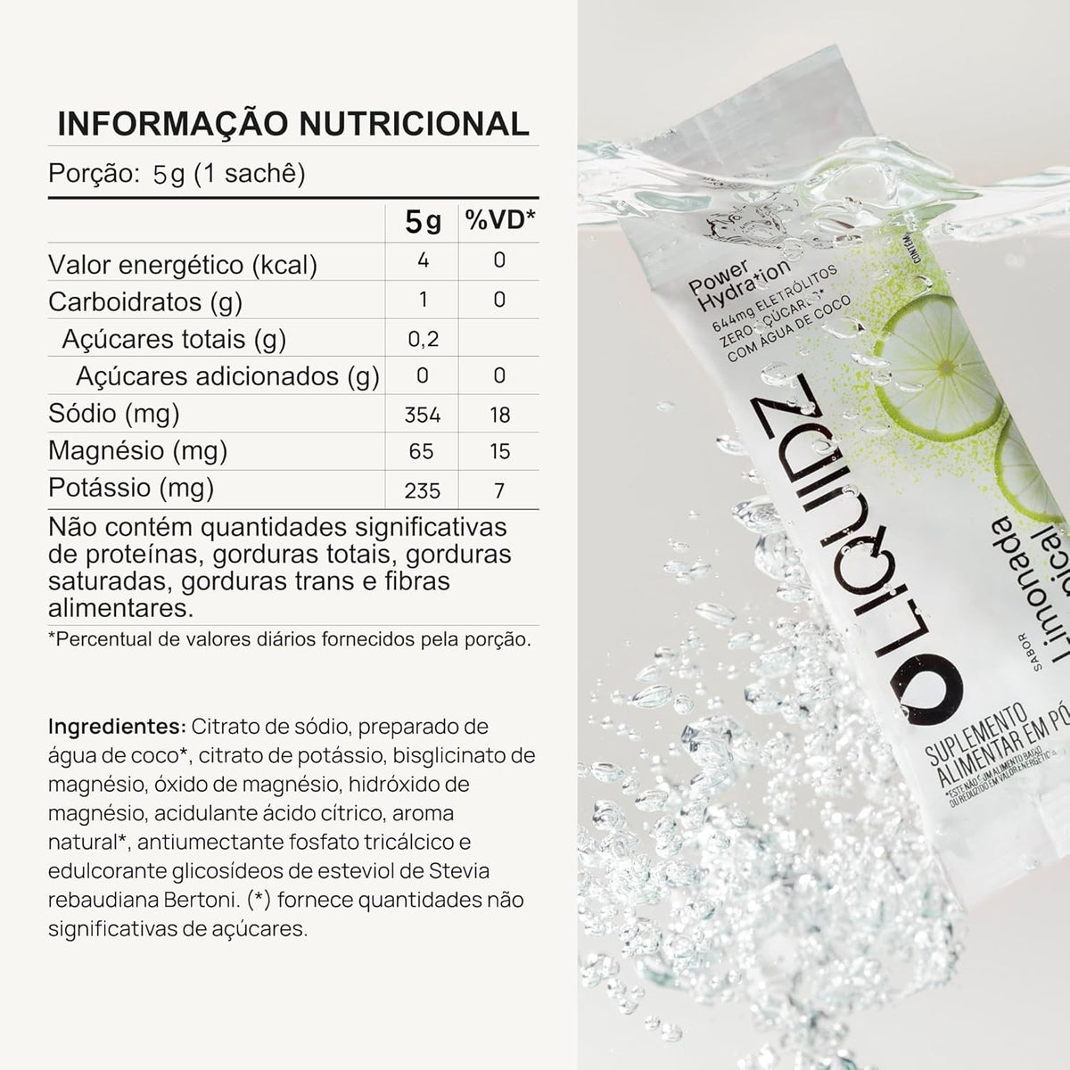 Sachê de eletrólitos em pó LIQUIDZ sabor Limonada Tropical da SPORTBR, com 5g de porção e ingredientes como sódio, magnésio e potássio.