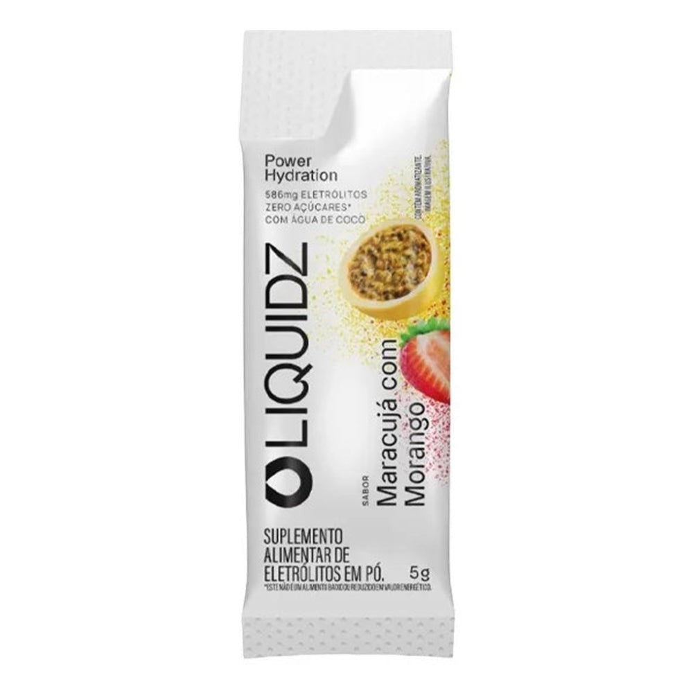 Sachê de eletrólitos em pó LIQUIDZ sabor maracujá com morango, 5g. Suplemento para hidratação e performance.