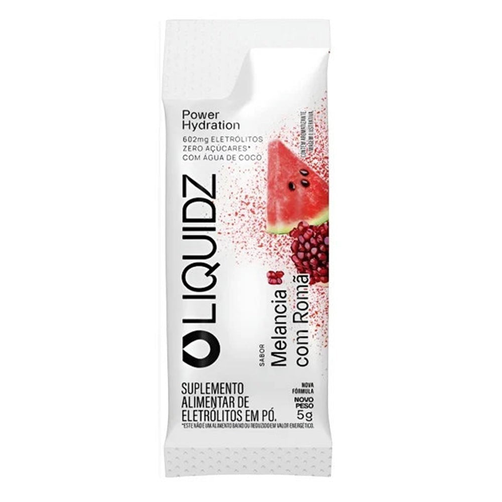 Sachê LIQUIDZ de eletrólitos em pó sabor melancia com romã, 5g. Suplemento para hidratação e performance.