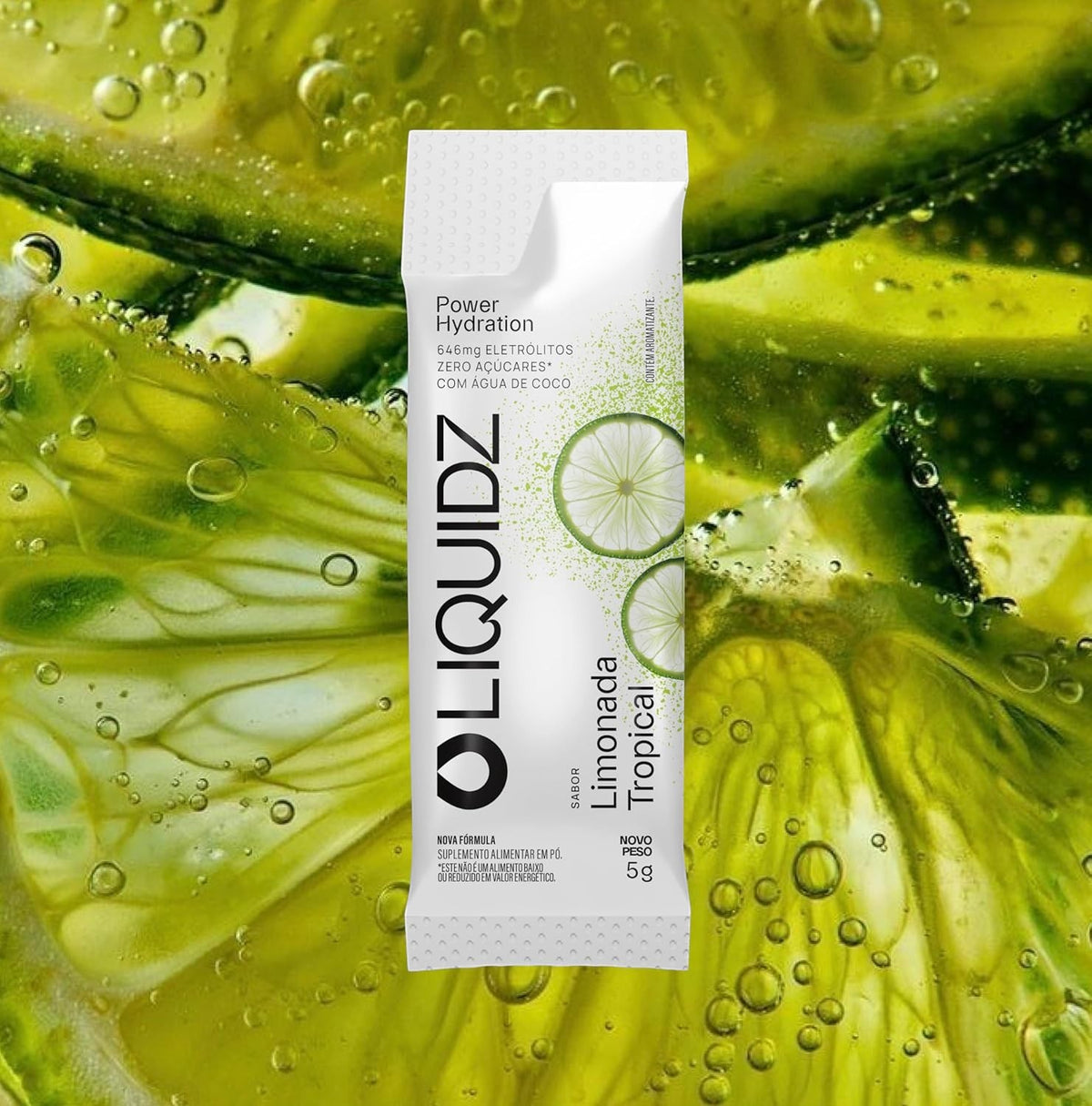Sachê de eletrólitos em pó LIQUIDZ sabor Limonada Tropical com 5g, da SPORTBR. Ideal para hidratação e performance.