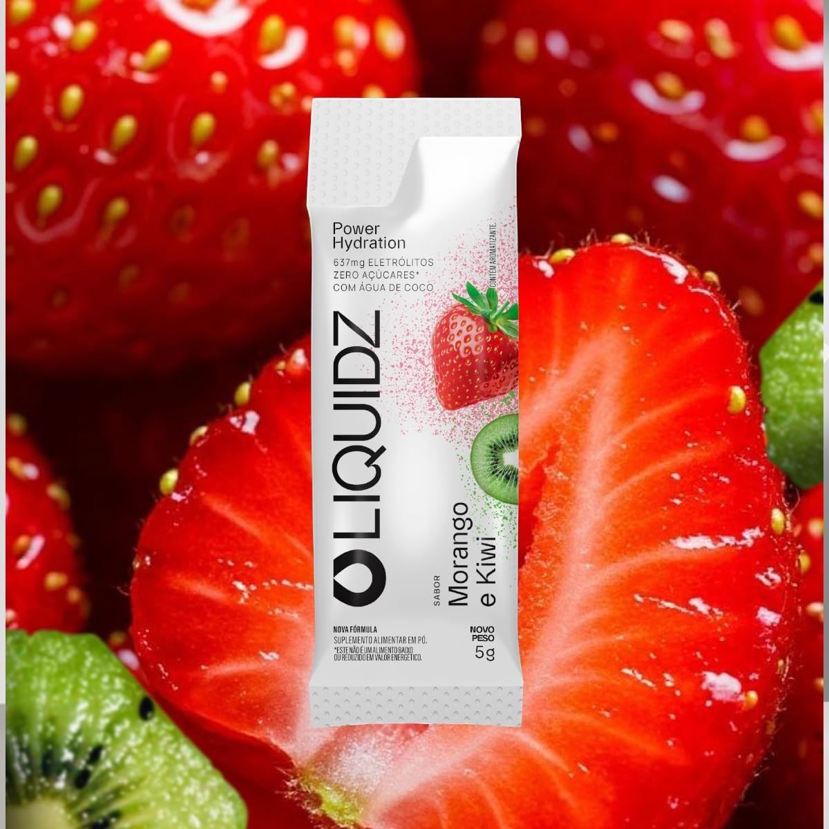 Sachê de eletrólitos em pó LIQUIDZ sabor Morango com Kiwi, 5g. Power Hydration.