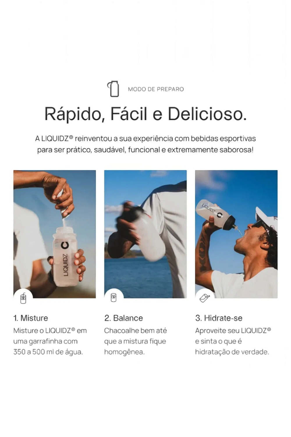 Infográfico SPORTBR mostrando três passos para preparar o eletrólito em pó LIQUIDZ: misturar, agitar e beber.