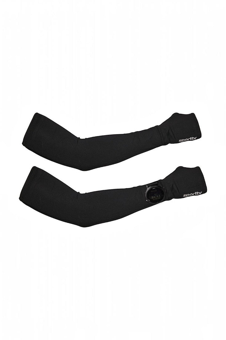 Manguito esportivo preto SPORTBR com abertura para relógio e encaixe para dedo, ideal para corrida e esportes.