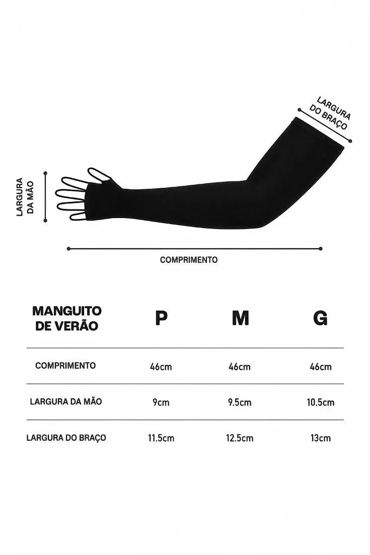 Tabela de medidas do manguito esportivo preto SPORTBR com ilustração técnica indicando comprimento e larguras.