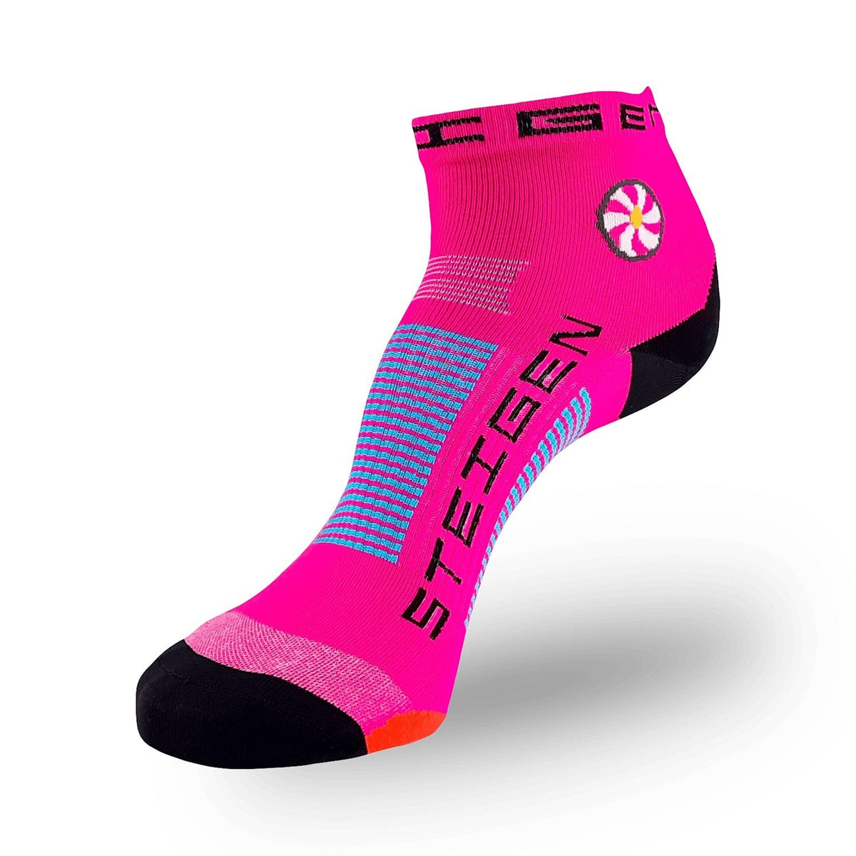 Meia cano baixo SPORTBR Steigen Fluro Pink com logo e detalhes em azul, feita de nylon e lycra.