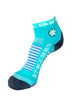 Meia cano baixo Steigen Acqua Blue com detalhes em listras roxas e brancas, ideal para pilates e corrida.
