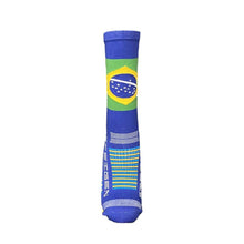 Meia cano alto azul com estampa da bandeira do Brasil, da marca SPORTBR. Ideal para esportes.