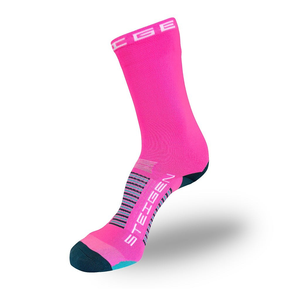 Meia cano alto rosa da SPORTBR com detalhes em azul e listras, ideal para corrida e esportes.
