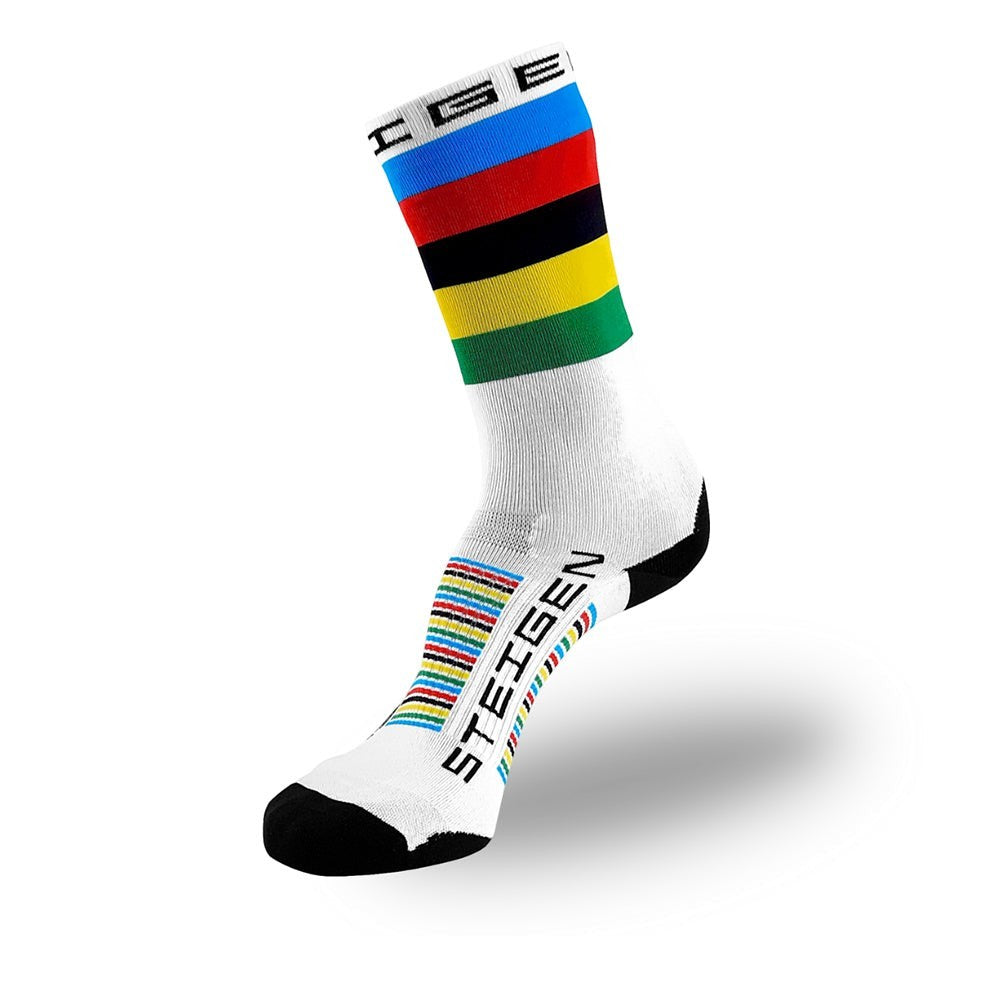 Meia cano alto SPORTBR Steigen World Champs branca com listras coloridas no cano e no peito do pé, feita de nylon e lycra.