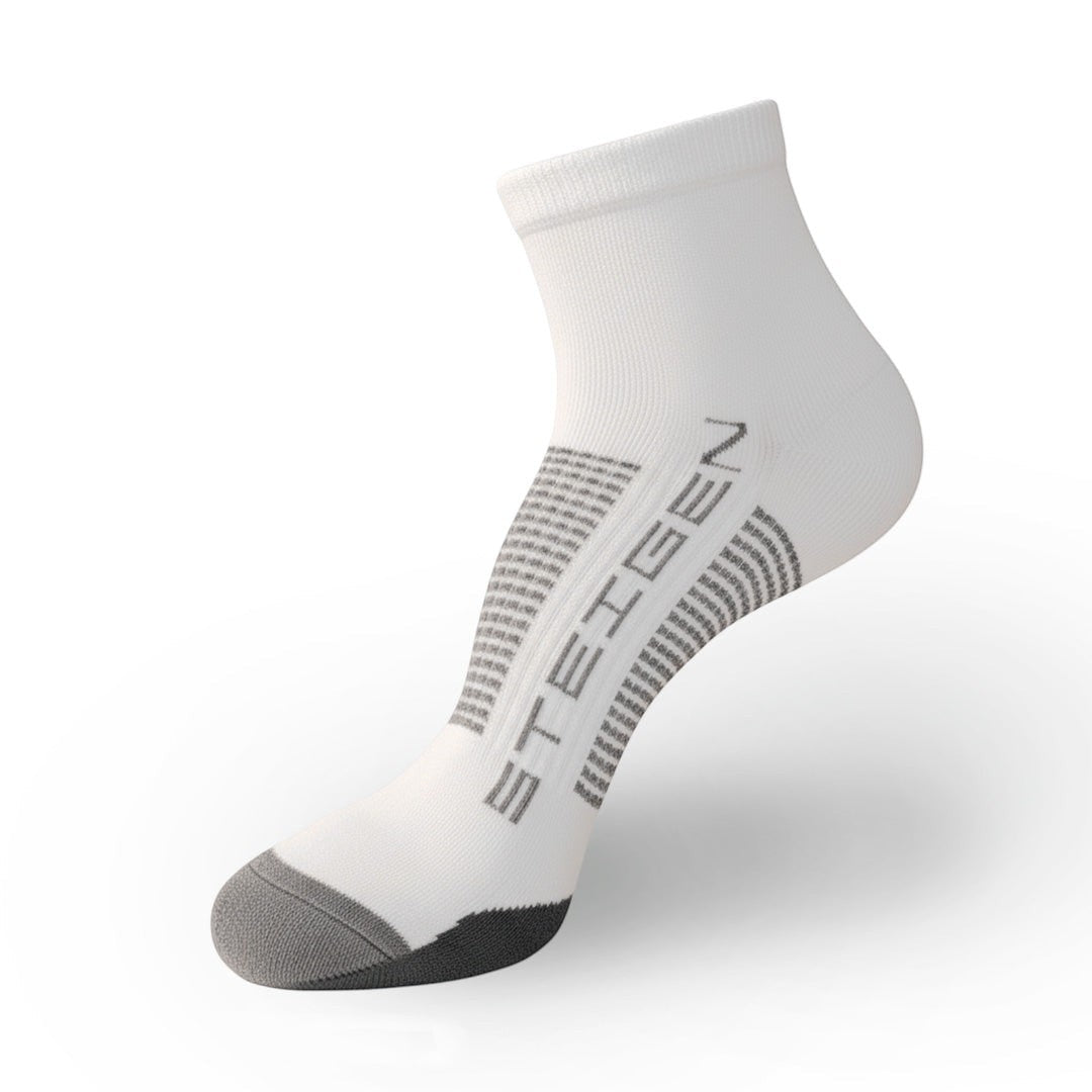 Meia branca cano baixo SPORTBR Steigen com detalhes em cinza, ideal para corrida e esportes.