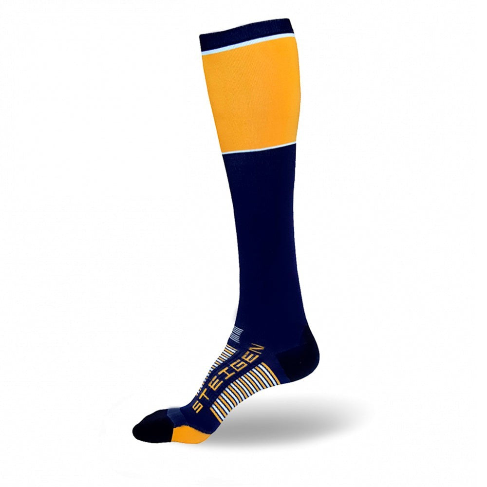 Meia cano inteiro SPORTBR azul marinho com detalhes em amarelo e branco, tecnologia anti bolhas.
