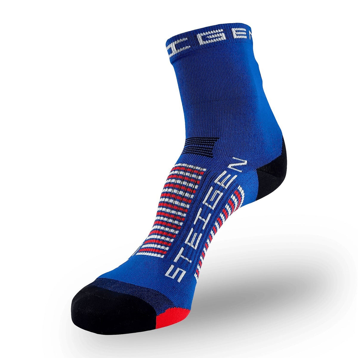Meia cano médio azul royal da Steigen com detalhes em vermelho e branco, e logo da marca no cano.